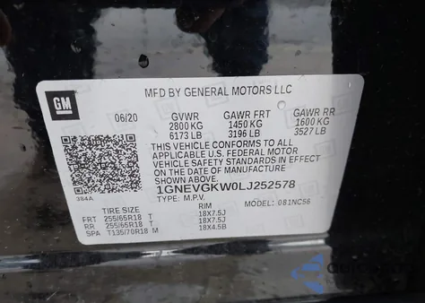 2020 Chevrolet Traverse Awd Lt Cloth from USA, damaged, VIN 1GNEVGKW0LJ252578